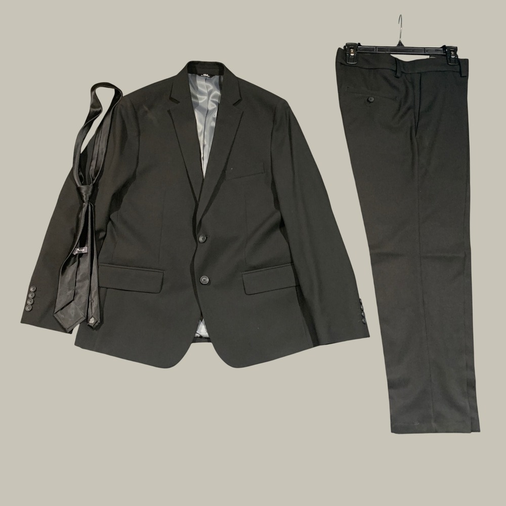 J.M. Haggar Suit Set Mens 42S Slim Fit Black 2-Piece Blazer Pants Tie HZ70295